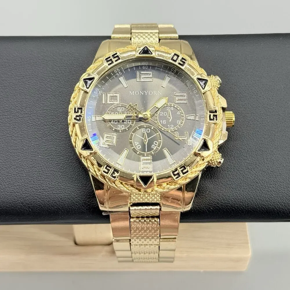 MONYORE Men's Gold Tone Watch Chronograph Look Dark Dial Quartz Wristwatch New